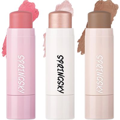 Face Stick Trio 3Pcs Multi Makeup Blush Highlighter Contour Sticks, Buildable Blendable Lightweight Cream Blush Stick for Cheeks Lips Make Up For Women (05)