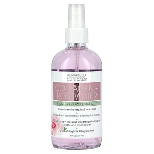 Advanced Clinicals Collagen + Rosewater Face Toner Skin Care Reviving &amp; Hydrating Facial Mist for Face, Non-Greasy Instant Hydration Face Spray W/Pure Rose Water, Collage, &amp; Natural Extracts, 8 Fl Oz