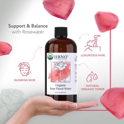 HBNO California Bottled Organic Rose Water for Face Huge 16 fl oz (480ml) Value Size - USDA Certified Organic Rose Water for Face - Pure Rose Water for Hair - Rosewater for Skincare, Haircare