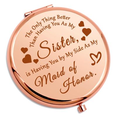 Gevody Sister Bridesmaid Gifts Compact Mirror Sister Wedding Day Gifts Maid of Honor Proposal Gifts Pocket Mirror Matron of Honor Gifts Bridal Shower Gift Bachelor Party Gifts Folding Makeup Mirror