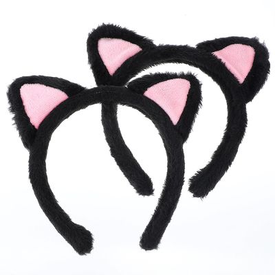 Grevosea 2Pcs Cat Ears Headband, Plush Soft Washing Face Head band with Pink Inner Ears Fuzzy Kitten Headwear Black Cat Ears Hairband for Makeup Skincare Cosplay Shower Animal-Themed Party
