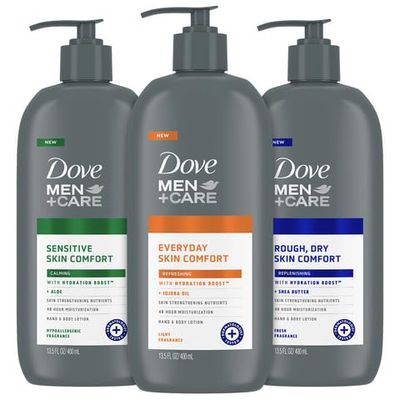 Dove Hand &amp; Body Lotion, Men+Care Variety Pack - Rough Dry Skin Comfort with Shea Butter, Sensitive Skin Comfort with Aloe Vera, Everyday Skin Comfort with Jojoba Oil, 13.5 Oz Ea (3 Piece Set)
