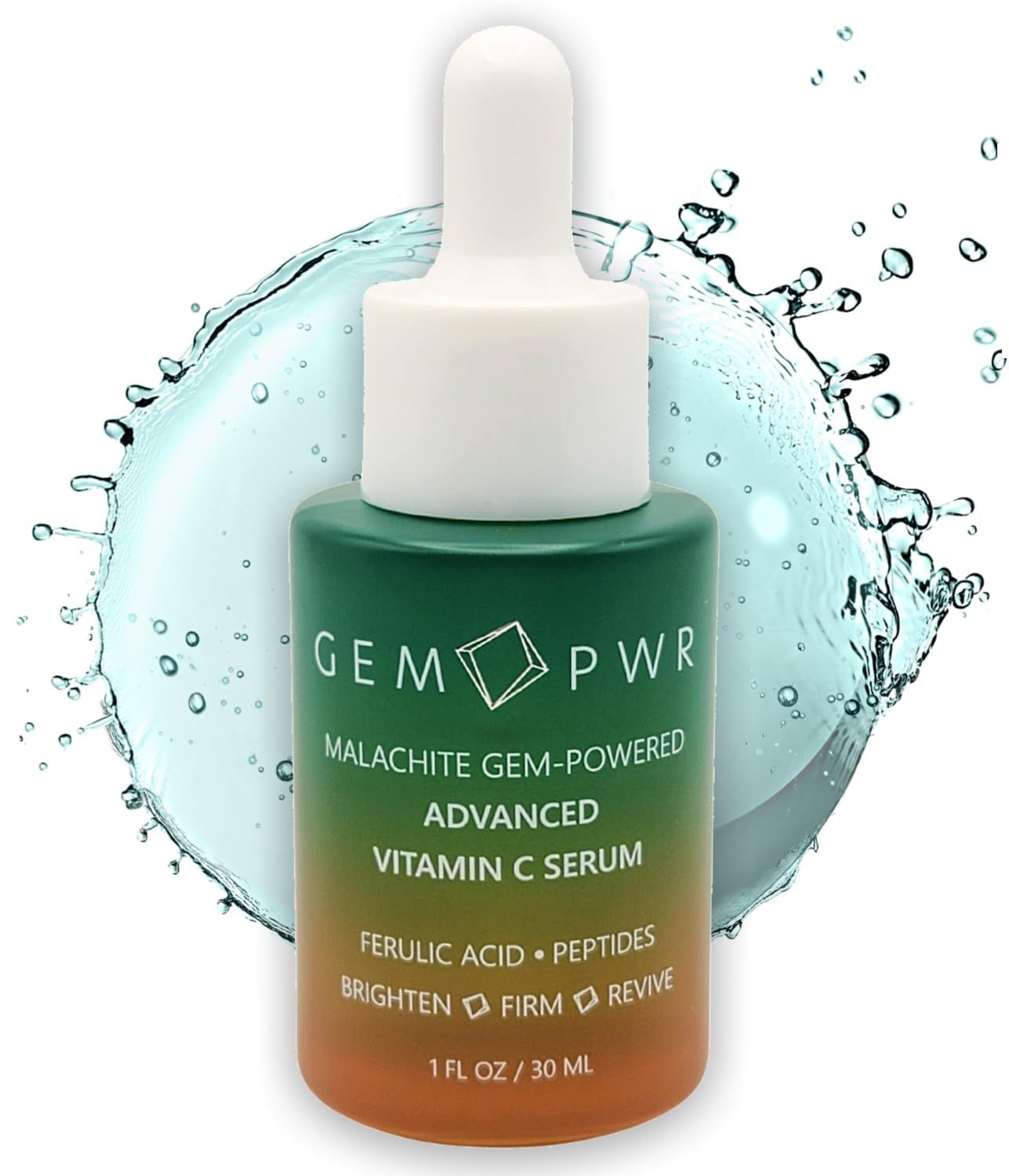 GEM PWR Advanced Vitamin C Serum with Malachite Gemstone Extract | Skin Brightening Face Serum with 10% Vitamin C | Antioxidants, Ferulic Acid, Hyaluronic Acid, Niacinamide &amp; Peptides | 1 Fl. Oz