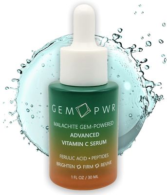 GEM PWR Advanced Vitamin C Serum with Malachite Gemstone Extract | Skin Brightening Face Serum with 10% Vitamin C | Antioxidants, Ferulic Acid, Hyaluronic Acid, Niacinamide &amp; Peptides | 1 Fl. Oz