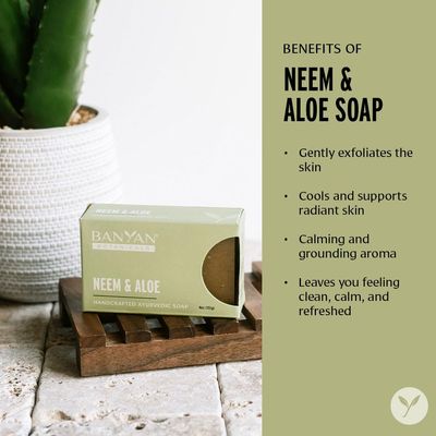 Banyan Botanicals Neem & Aloe Soap - Calming and Soothing Soap for Sensitive Skin - With Organic Neem Leaf, Aloe Vera, and Vetiver Essential Oil - 4 oz Bar - Free of Sulfates, Phthalates & Parabens