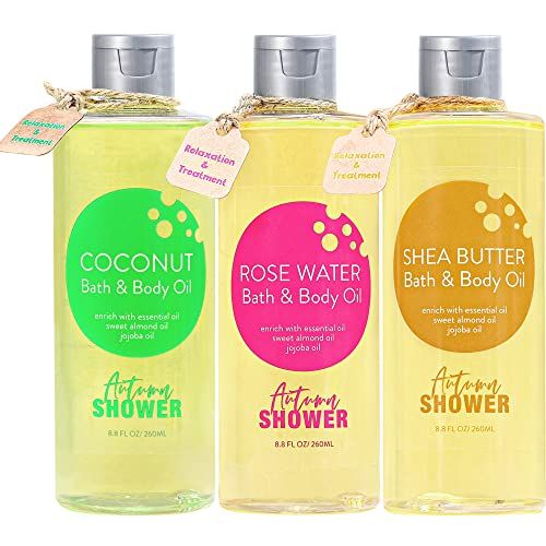 Autumn Shower Bath and Body Oil Oil with Sweet Almond Oil Jojoba Oil, Shea Butter &amp; Rose Water &amp; Coconut Bath Oils Mother&#39;s Day Gift for Women, Multiuse Oil for Hair &amp; Dry Skin 26.4 fl oz (Pack of 3)