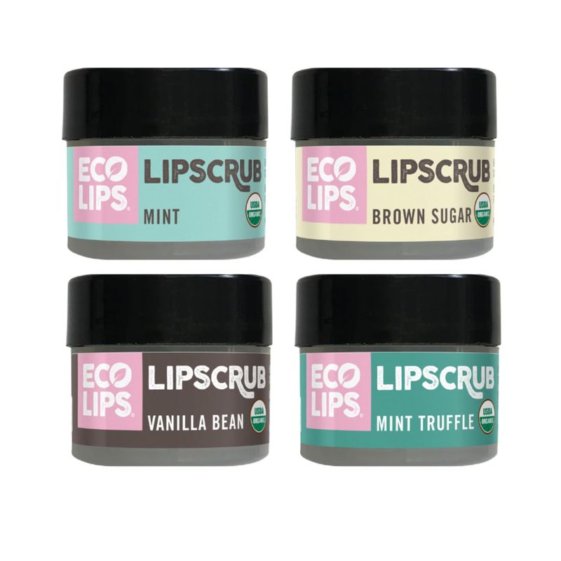 Eco Lips LIP SUGAR SCRUB 4 Pack (4-0.25oz jars) 100% Organic Lip Care Treatment with Organic Sugar &amp; Coconut Oil - Gently Exfoliate &amp; Polish Dry, Flaky Lips (Variety 4-Pack)