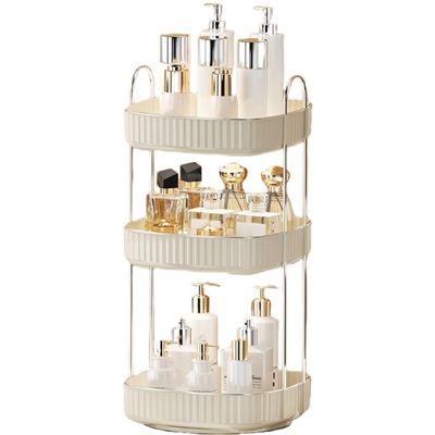 CESTATIVO 360 Rotating Makeup Organizer, Spinning Bathroom Organizer Countertop, Large Capacity Cosmetics Skincare Organizer for Bathroom Vanity Dresser Table (Cream, 3 Tiers)