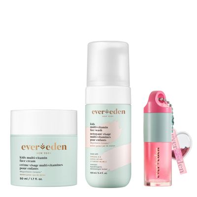 Evereden Happy Kids Skin &amp; Lips Routine - Multi-Vitamin Kids Face Wash &amp; Kids Face Cream &amp; Tinted Lip Oil Set - Clean &amp; Vegan Skin Care for Kids 3+ - Moisturizing, Nourishing, &amp; Protective Kids Skin