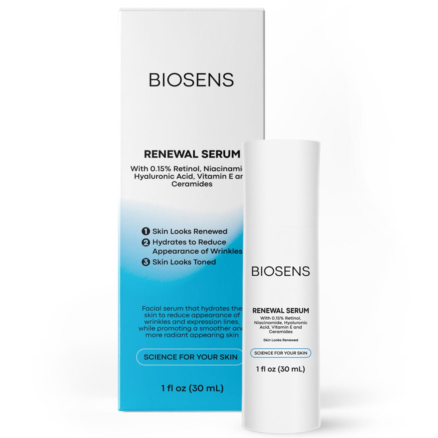 BIOSENS - Retinol Serum for Face | Retinol .15%, Hyaluronic Acid, Vitamin E, B3 Niacinamide | Skin Rejuvenation, Pore Minimizer for Face, Skin Balancing Serum, Moisturizer | Airless 1 fl oz