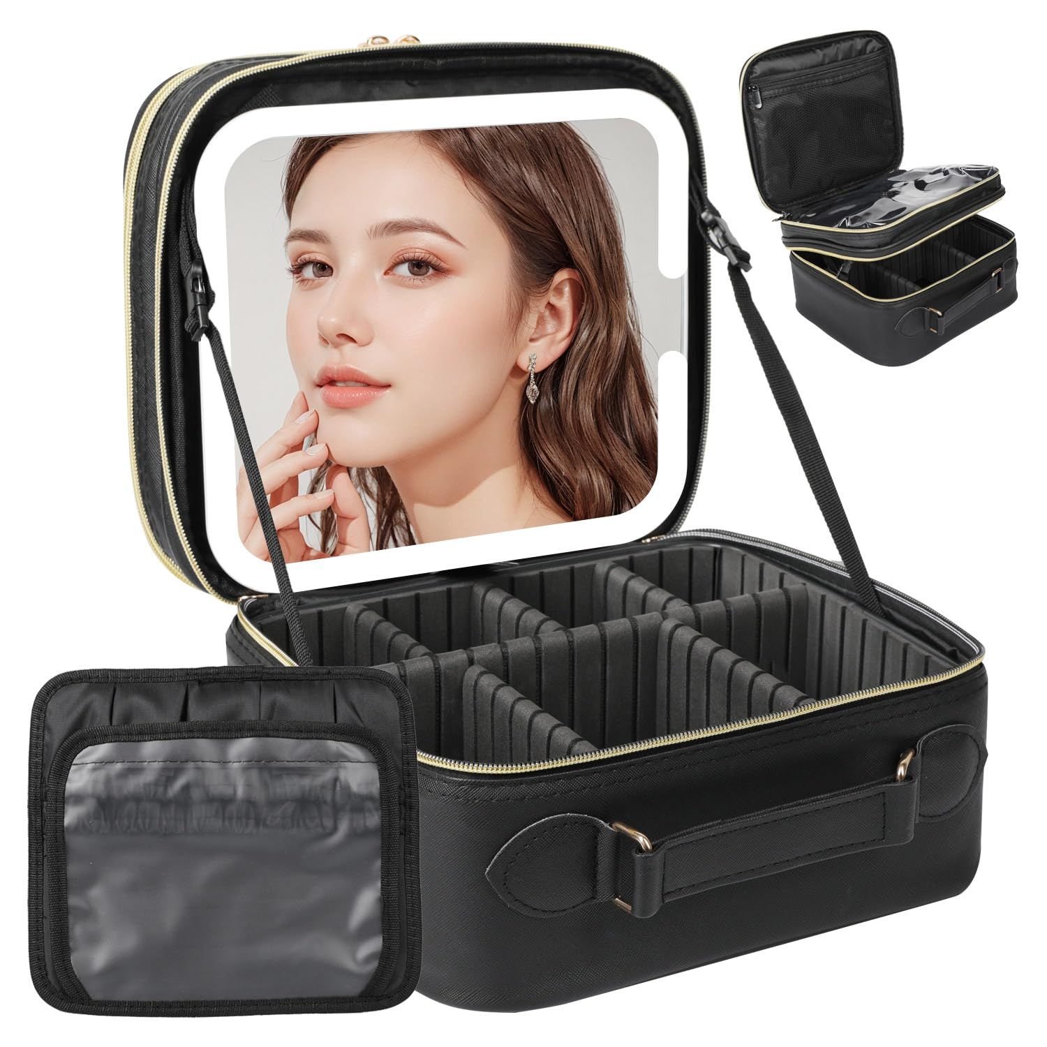 Behaesty Travel Makeup Bag with LED Mirror Double Layer, Detachable Vanity Mirror with Lights, Tri-light Dimmable, Makeup Case with Adjustable Dividers and Brush Holder Cosmetic Organizer Storage Box