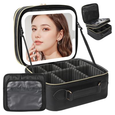 Behaesty Travel Makeup Bag with LED Mirror Double Layer, Detachable Vanity Mirror with Lights, Tri-light Dimmable, Makeup Case with Adjustable Dividers and Brush Holder Cosmetic Organizer Storage Box