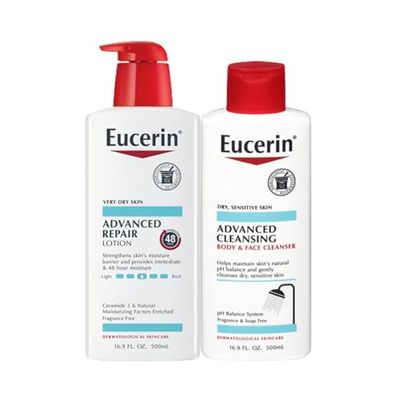 Eucerin Skin Care Set, Advanced Repair Unscented Body Lotion for Dry Skin, 16.9 Fl Oz Bottle + Advanced Cleansing Body and Face Cleanser, Fragrance Free Body Wash for Sensitive Skin, 16.9 Fl Oz Bottle