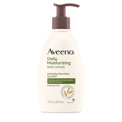Aveeno Daily Moisturizing Body Lotion with Soothing Prebiotic Oat, Gentle Lotion Nourishes Dry Skin With Moisture, Paraben-, Dye- &amp; Fragrance-Free, Non-Greasy &amp; Non-Comedogenic, 12 fl. Oz