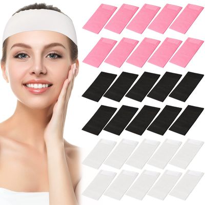 120 Pieces Disposable Headbands for Facials Spa Headbands with Convenient Closure Stretch Non Woven Skin Care Hair Band Soft for Women Salons Face Washing, Shower, Pink, Black, White