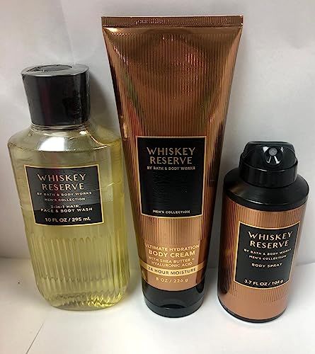 Bath &amp; Body Works - Whiskey Reserve - For Men - 3 pc Bundle - 3-in-1 Hair, Face &amp; Body Wash, Deodorizing Body Spray and Ultimate Hydration Body Cream - 2021