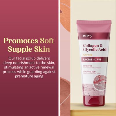 Envy Collagen & Glycolic Acid Face Scrub - Anti-Aging, Softening & Dark Spot Improving Exfoliating Scrub - Dermatologist Tested, Clean Beauty for All Skin Types - 6.76 Oz