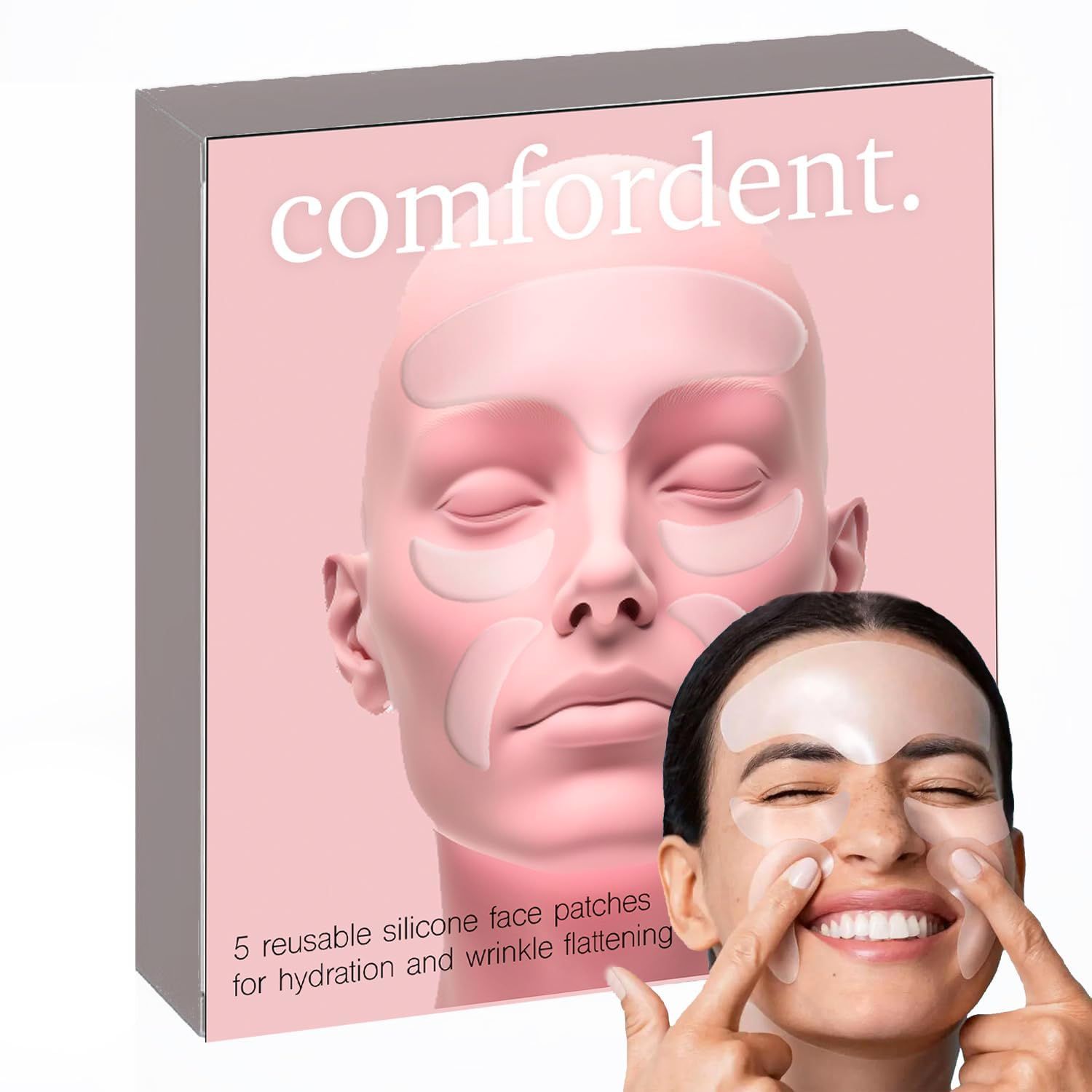 Comfordent Reusable Silicone Face Patch Set - 5 Wrinkle Patches for Overnight Fine Line &amp; Crease Flattening - Forehead, Under-eye and Smile Lines Repair - Adjustable Anti-Slip Earloop Buckle Straps