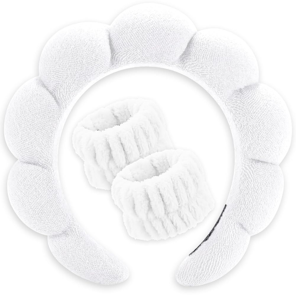 Cohoya Spa Headband for Washing Face Makeup Headbands Wristbands set Bubble Skincare Headband for Facial Terry Cloth Puffy Headband Mask Skin Sponge Hairband