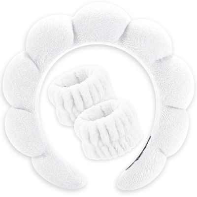 Cohoya Spa Headband for Washing Face Makeup Headbands Wristbands set Bubble Skincare Headband for Facial Terry Cloth Puffy Headband Mask Skin Sponge Hairband