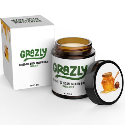 Grazly Unscented Manuka Honey &amp; Bison Tallow Balm - 100% Organic, Grass-Fed Face &amp; Body Moisturizer for Dry Skin, Acne-Prone Skin &amp; Wrinkles - Ancestral Formula with Coconut Oil, Raw Beeswax - 3oz
