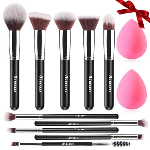 BEAKEY Makeup Brushes Set, Professional Foundation Eyeshadow Concealer Blush Powder Bronzer Applicator, 2 Blender Sponge wit Beauty Paper Case, Valentines Day Gifts for Her