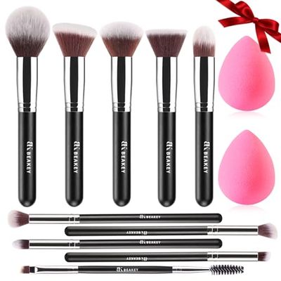 BEAKEY Makeup Brushes Set, Professional Foundation Eyeshadow Concealer Blush Powder Bronzer Applicator, 2 Blender Sponge wit Beauty Paper Case, Valentines Day Gifts for Her