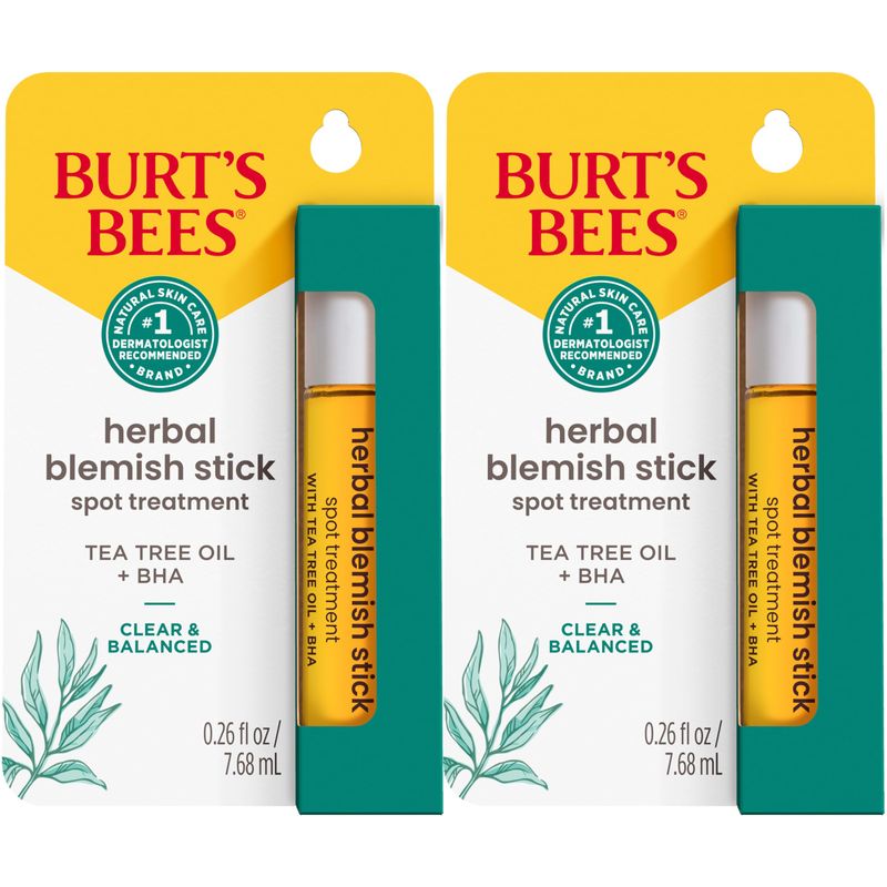 Burts Bees Valentines Day Gifts, Clear and Balanced Herbal Blemish Stick, with Tea Tree Oil, On-the-Go Blemish Care, Unclogs Pores, Use with Skincare Products, 2-Pack, 0.26 fl. oz.