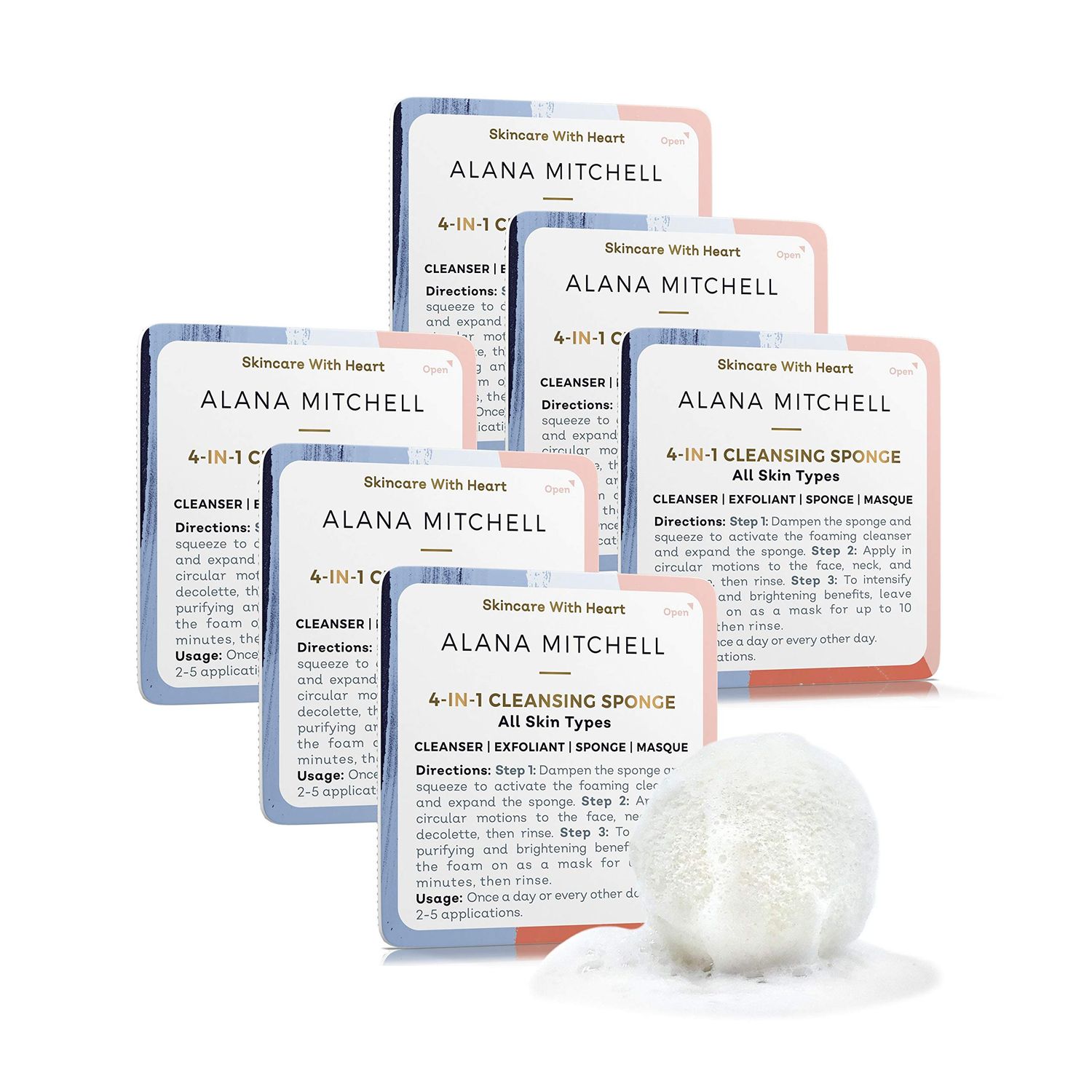 Alana Mitchell Cleansing Facial Sponges - 4-in-1 Face Exfoliator Sponge w/Facial Cleanser to Deep Clean Pores, Remove Makeup - Reusable Face Sponge - Face Cleanser for Glowing Complexion (6-Pack)