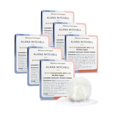 Alana Mitchell Cleansing Facial Sponges - 4-in-1 Face Exfoliator Sponge w/Facial Cleanser to Deep Clean Pores, Remove Makeup - Reusable Face Sponge - Face Cleanser for Glowing Complexion (6-Pack)