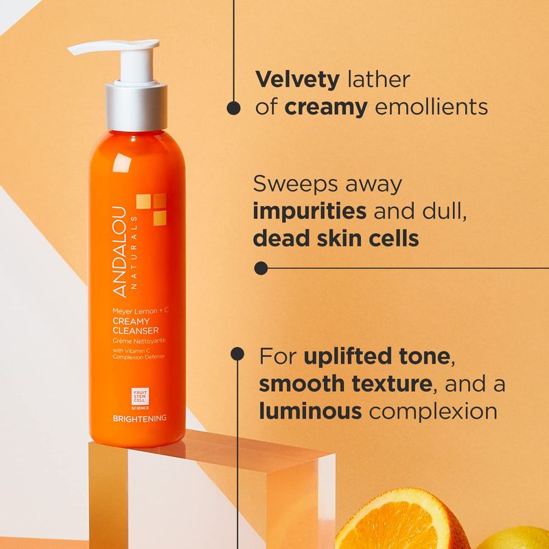 Andalou Naturals Brightening Meyer Lemon + C Creamy Cleanser, Face Wash for Uplifted Tone &amp; Smoother Texture, Helps Renew Skin Vitality &amp; Brighten Complexion, Cruelty Free, 6 Oz