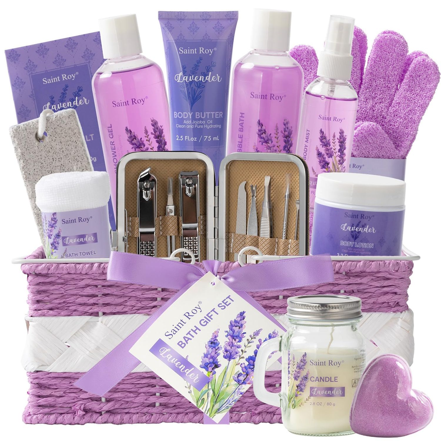 Bath Gift Basket For Women &amp; Men, Luxury Self Care Home Spa Kit Lavender Bath Gift Basket 20Pcs Includes Nail Clippers Set, Pumice Stone, Bath Bomb, Candle, Bath Gloves &amp; More christmas spa gifts mom