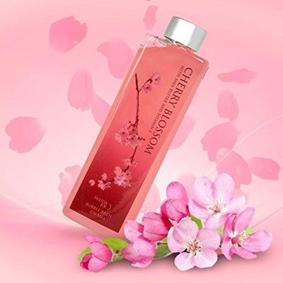 Freida and Joe Deluxe Cherry Blossom Spa Basket - Home Spa Set with Bubble Bath, Bath Salts, Body Lotion, Bath Puff, and Rose Soaps in Wooden Curio - Gift Ready, Relaxation for Women