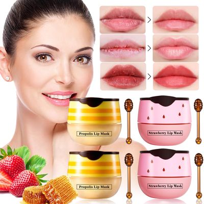 4 PCS Bee Honey Lip Balm Honey Pot, Strawberry &amp; Bee Honey Lip Mask, Reduces Lip Lines, Hydrate &amp; Moisturizing Lip Skin Care, Prevention Dry Cracked Lips, Bee Honey Lip Balm for Lip Repair Treatment