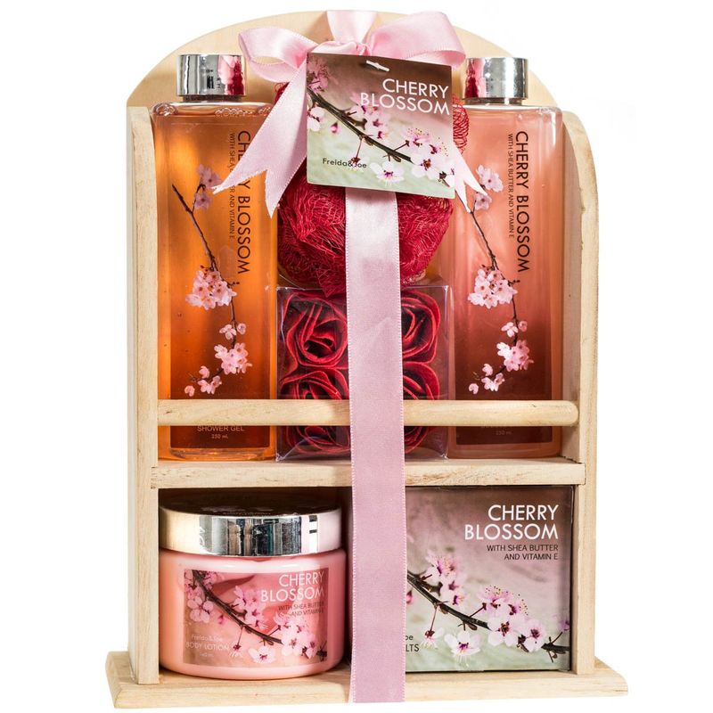 Freida and Joe Deluxe Cherry Blossom Spa Basket - Home Spa Set with Bubble Bath, Bath Salts, Body Lotion, Bath Puff, and Rose Soaps in Wooden Curio - Gift Ready, Relaxation for Women