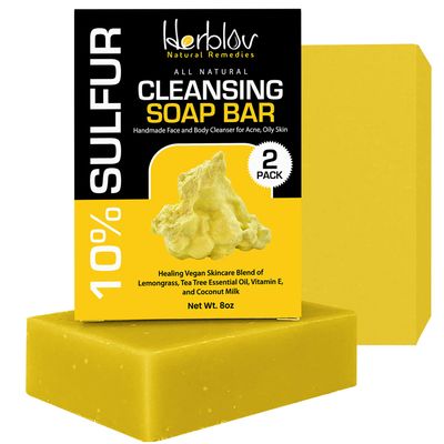 Cleansing 10% Sulfur Soap Bar for Face &amp; Body - Natural Shine Control Facial Cleanser for Acne, Oily Skin - Made in USA Healing Skincare Wash with Lemongrass, Tea Tree Oil, Vitamin E, Coconut Milk