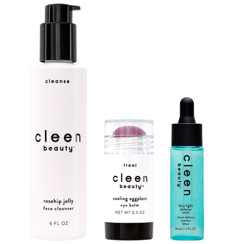 CLEEN BEAUTY Everyday Skincare 3-Piece Set | Rosehip Jelly Face Cleanser, Cooling Eggplant Eye Balm, &amp; Blue Light Defense Serum Set | Paraben Free | Skincare Products for Face