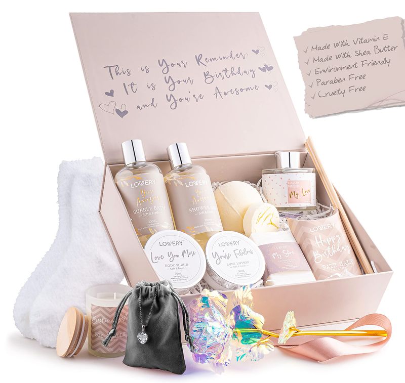 Birthday Gifts for Women, Birthday Spa Gift Basket for Women, Luxury Birthday Spa Gift Box with Vit E, Rich Bath Essentials, Diffuser, Candle, Sterling Silver CZ Heart Necklace, 24k Flower Rose &amp; More