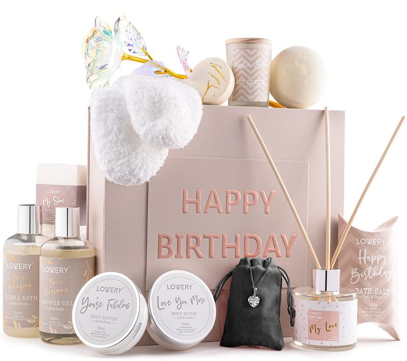 Birthday Gifts for Women, Birthday Spa Gift Basket for Women, Luxury Birthday Spa Gift Box with Vit E, Rich Bath Essentials, Diffuser, Candle, Sterling Silver CZ Heart Necklace, 24k Flower Rose &amp; More