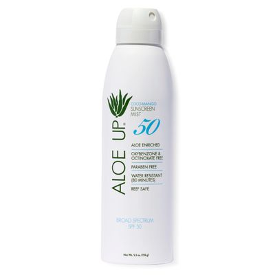Aloe Up White Collection Continuous Sunscreen Spray SPF 50 Broad Spectrum UVA/UVB Sunscreen Protector for Face &amp; Body w/Moisturizing Aloe Vera Gel Reef Safe Coco-Mango Fragrance - 5.5 Fl. Oz