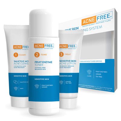 Acne Free 3-Step Acne Treatment Kit with Salicylic Acid Face Wash, Alcohol-Free Toner, &amp; Benzoyl Peroxide Lotion for Sensitive Skin and Fighting Breakouts, 24 Hour Face Clearing System