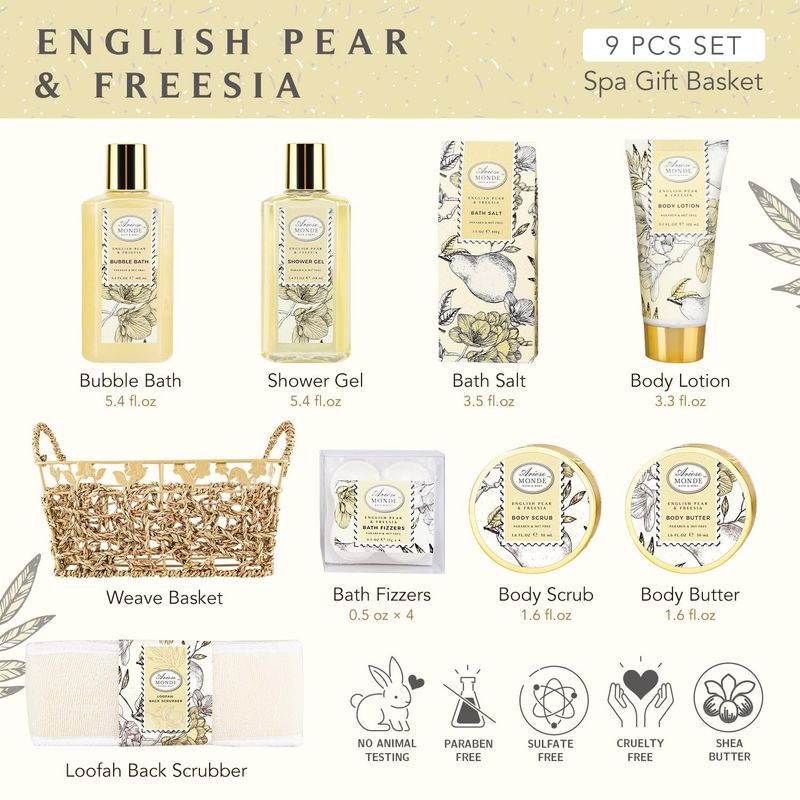 Bath &amp; Shower Spa Gift Basket Set, with English Pear &amp; Freesia Fragrance Bath Gift Basket for Women &amp; Men Includes Body Lotion, Shower Gel, Bath Salts, Bubble Bath, Body Scrub and More, 9 Pcs