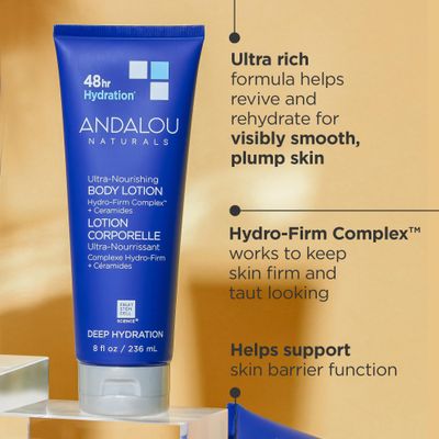 Andalou Naturals Body Lotion, Deep Hydration Lotion for Dry Skin, Ultra-Nourishing Skin Care with Hyaluronic Acid &amp; Ceramides, Body Cream for Softer, More Supple &amp; Glowing Skin, 8 fl oz