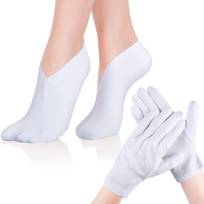 Geyoga Moisturizing Socks and Gloves Set, 6 Pairs Spa Socks and 6 Pairs White Gloves for Dry and Chapped Hands and Feet Skin Care, White Cloth Gloves for Men and Women