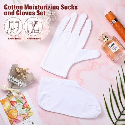 Geyoga Moisturizing Socks and Gloves Set, 6 Pairs Spa Socks and 6 Pairs White Gloves for Dry and Chapped Hands and Feet Skin Care, White Cloth Gloves for Men and Women