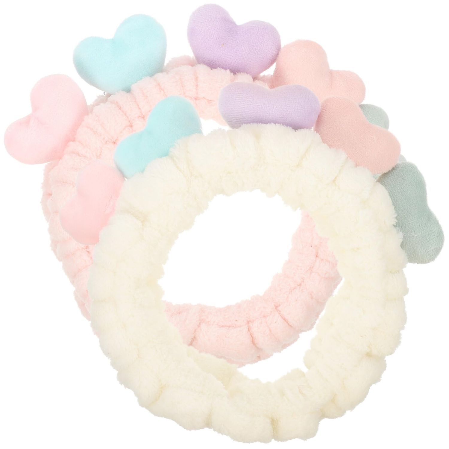 Beatifufu 2Pcs Women Heart Fuzzy Hairband Set Elastic Stretch Makeup Head Wrap for Skincare Face Washing and Shower Soft Headbands for Hair Accessories