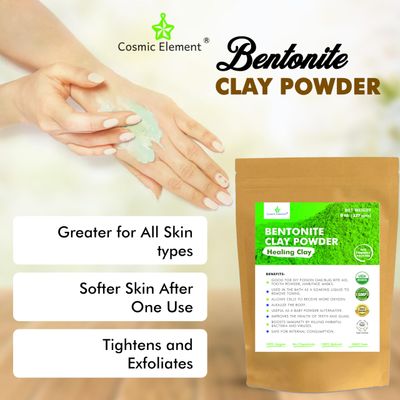 Cosmic Element 100% Pure Calcium Bentonite Clay Powder - Bentonite Clay Food Grade, Vegan, Healing Clay | Skin Care Detox - Deep Pore Cleansing Face &amp; Body Mask for Soft, Smooth, Refreshed Skin | 8 oz