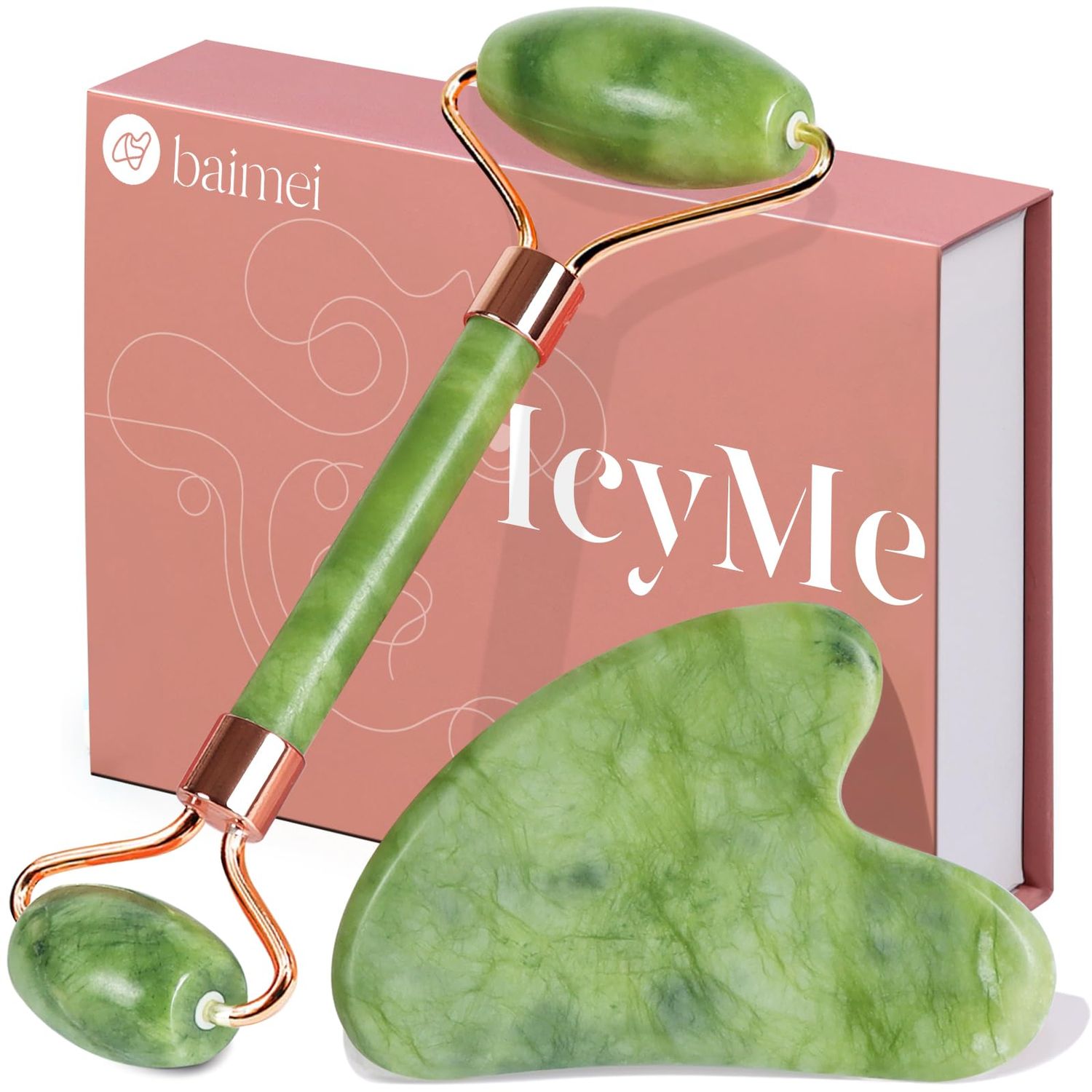 BAIMEI IcyMe Gua Sha &amp; Jade Roller Facial Tools Face Roller and Gua Sha Set for Puffiness and Redness Reducing Skin Care Routine, Self Care Gift for Men Women - Green