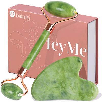 BAIMEI IcyMe Gua Sha &amp; Jade Roller Facial Tools Face Roller and Gua Sha Set for Puffiness and Redness Reducing Skin Care Routine, Self Care Gift for Men Women - Green