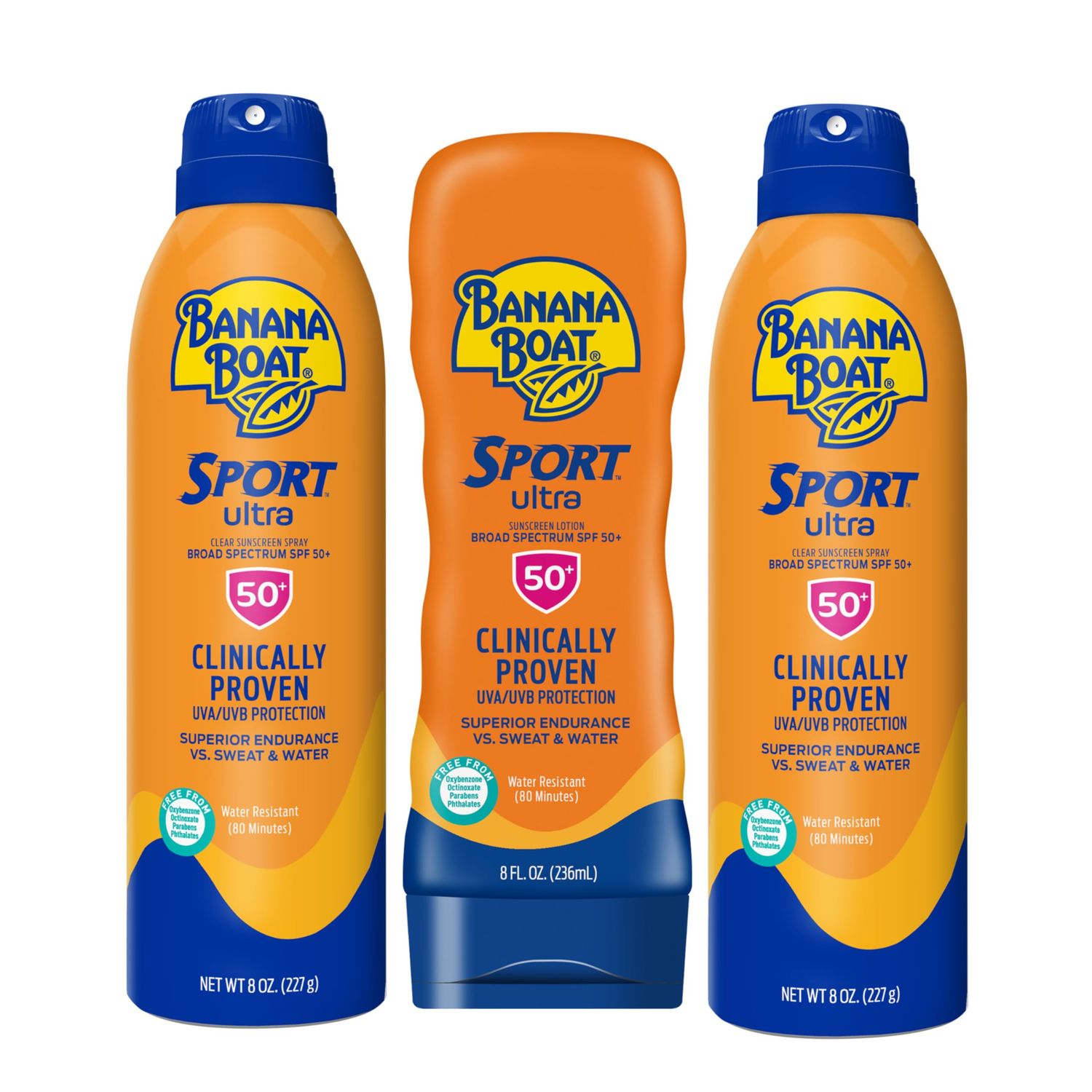 Banana Boat Sport Ultra SPF 50 Sunscreen Triple Pack | Banana Boat Sunscreen Spray &amp; Lotion SPF 50, Spray On Sunscreen, Water Resistant Sunscreen, Oxybenzone Free, (Pack of 3) 8oz each